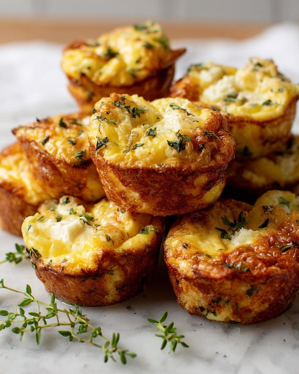 The image shows a close-up of seven golden brown egg muffins stacked and scattered on a white marbled surface. Each muffin has a crispy, browned outer edge with a soft, yellow, and slightly bumpy inside mixed with melted cheese and green herb pieces, likely thyme, visible throughout. The muffins vary slightly in height and shape, with some showing more defined, browned tops while others have a fluffier texture. Small green herb sprigs are also scattered around the muffins on the surface, enhancing the fresh look of the dish. Photo taken with an iphone --ar 4:5 --v 7