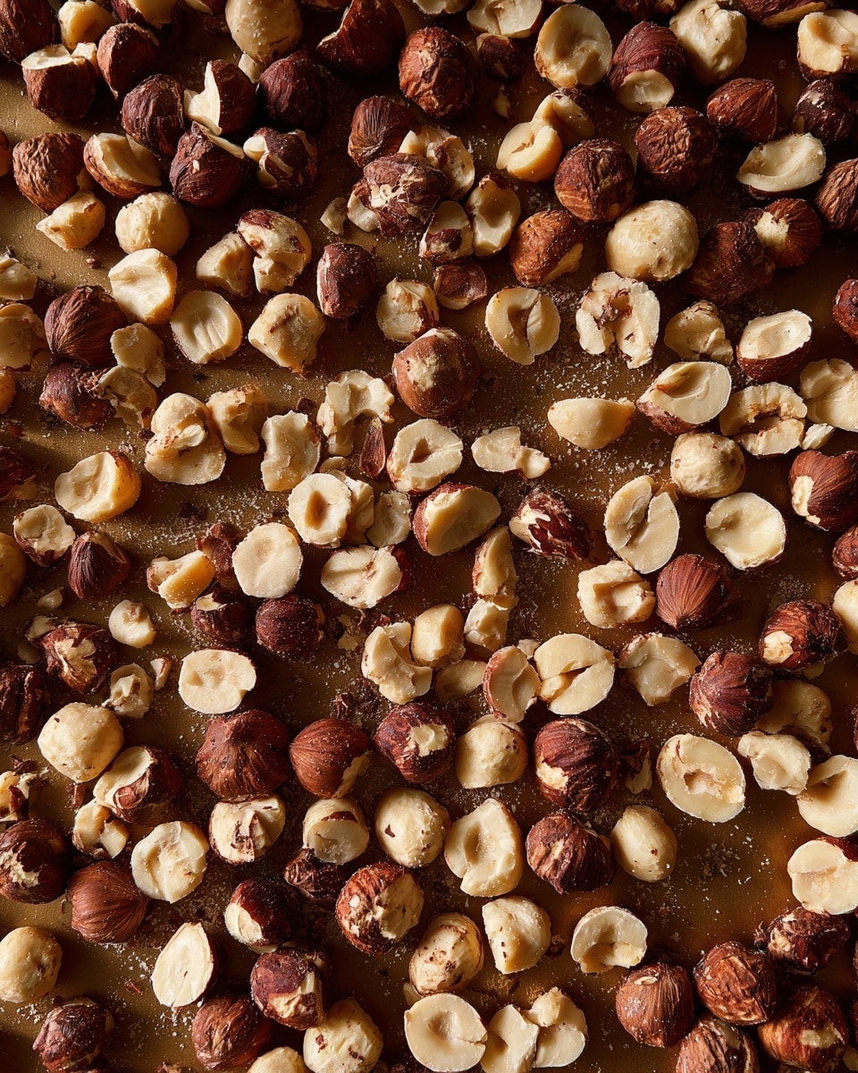 A spread of roughly chopped hazelnuts scattered closely together, showing a mix of light creamy beige inner nuts and darker brown skins, layered flat across a brown baking sheet. The texture is rough and slightly crumbled with some nuts split open showing smooth interiors, while others keep their rough, dark brown outer skins. The image captures the nuts in a natural, uneven arrangement, highlighting the contrast between the inner and outer nut colors. Photo taken with an iphone --ar 4:5 --v 7