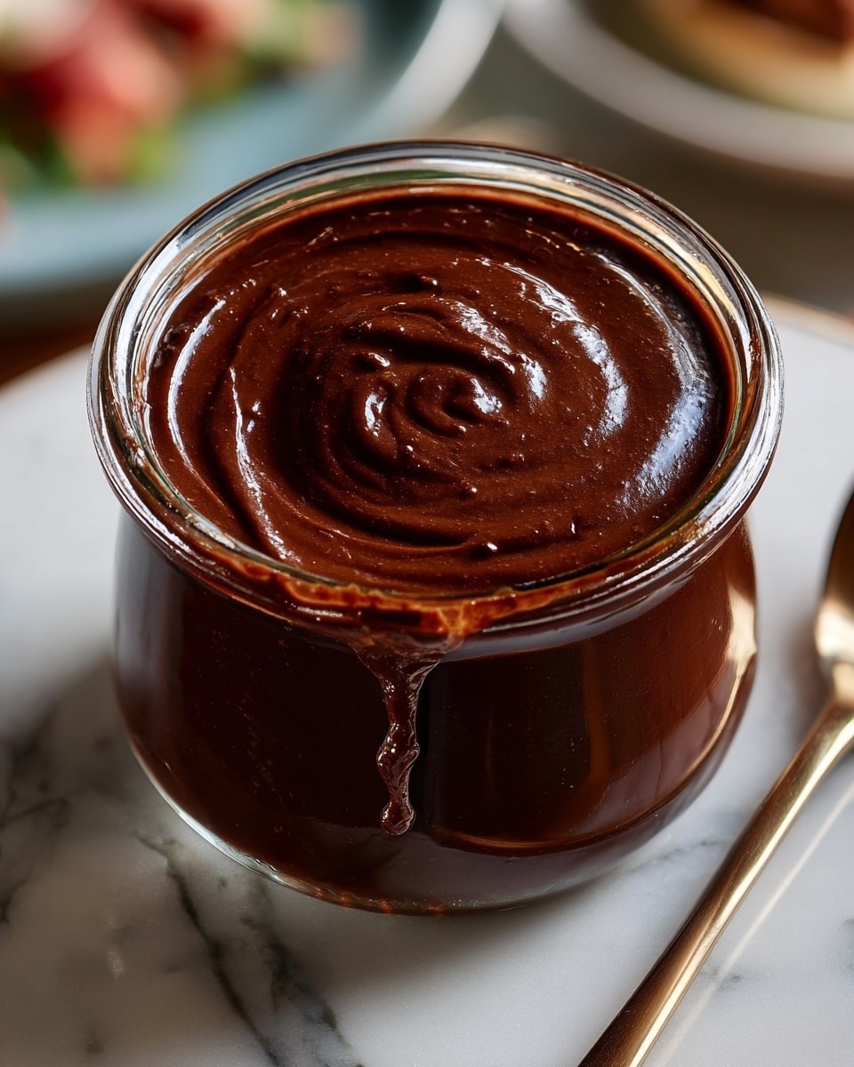 A clear, faceted glass jar filled to the brim with smooth, thick chocolate spread that has a glossy finish. The rich dark brown texture looks creamy and slightly dense, with gentle swirls on top showing the spread’s softness. The jar sits on a white marbled surface with neutral lighting highlighting the shiny surface of the chocolate. Photo taken with an iphone --ar 4:5 --v 7