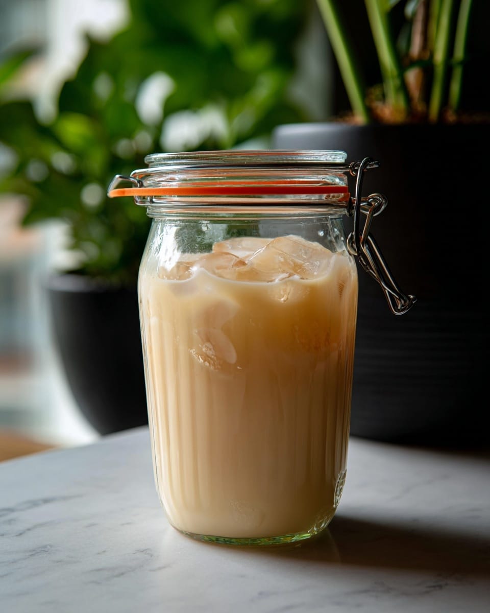 A tall clear glass jar with a metal clamp and orange rubber seal holds a creamy, light beige drink filled with ice cubes near the top. Small bubbles float on the surface of the liquid, and the jar sits on a white marbled surface. In the background, there is a blurred dark plant pot with green leaves visible, adding a soft contrast to the image. The lighting softly highlights the glass texture and the creamy drink inside. photo taken with an iphone --ar 4:5 --v 7