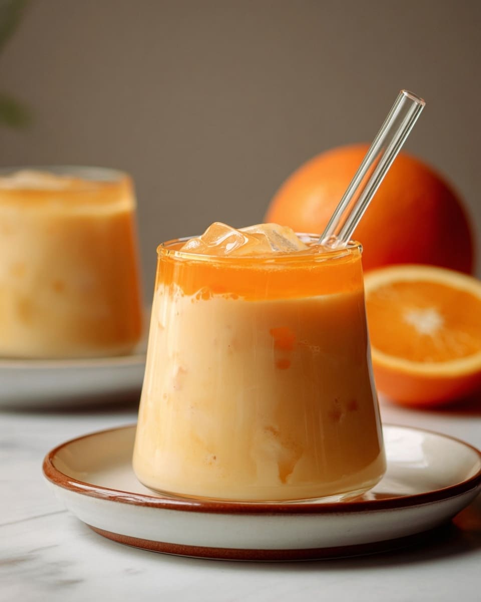 A creamy, light orange drink with visible ice cubes inside is shown in a clear glass with a slightly tapered shape, sitting on a white plate with a thin brown rim. The drink has a bright orange layer of thin liquid sitting right at the top, creating a distinct two-layer look. A clear straw is inserted into the drink on the top right side. In the background, there is a blurred half orange fruit and a second glass of the same drink. The scene is set on a white marbled surface with a soft, neutral background. photo taken with an iphone --ar 4:5 --v 7
