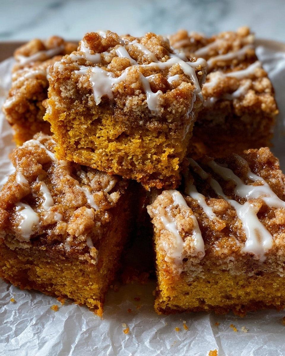 A white marbled surface holds a piece of crumpled white parchment paper with nine square slices of a golden-brown coffee cake arranged in an uneven grid. Each slice shows two layers— a moist, dense yellow cake base with a gritty cinnamon-brown crumb topping, some with a light drizzle of white glaze shining on top. The crumb layer looks crumbly and slightly uneven, with bits falling off around the edges and on the parchment paper. The warm tones of the cake contrast with the crisp white background, highlighting the texture and color variation. Photo taken with an iphone --ar 4:5 --v 7