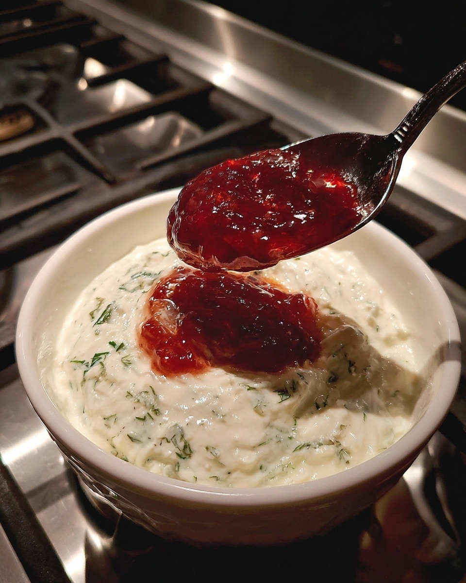 A white bowl is filled with a creamy white mixture that has small green herb pieces spread evenly throughout. Above the bowl, a dark-colored spoon holds a scoop of glossy, red jam with visible fruit pieces, about to be placed into the bowl. The background shows a metallic stove, and the whole scene is lit softly. photo taken with an iphone --ar 4:5 --v 7