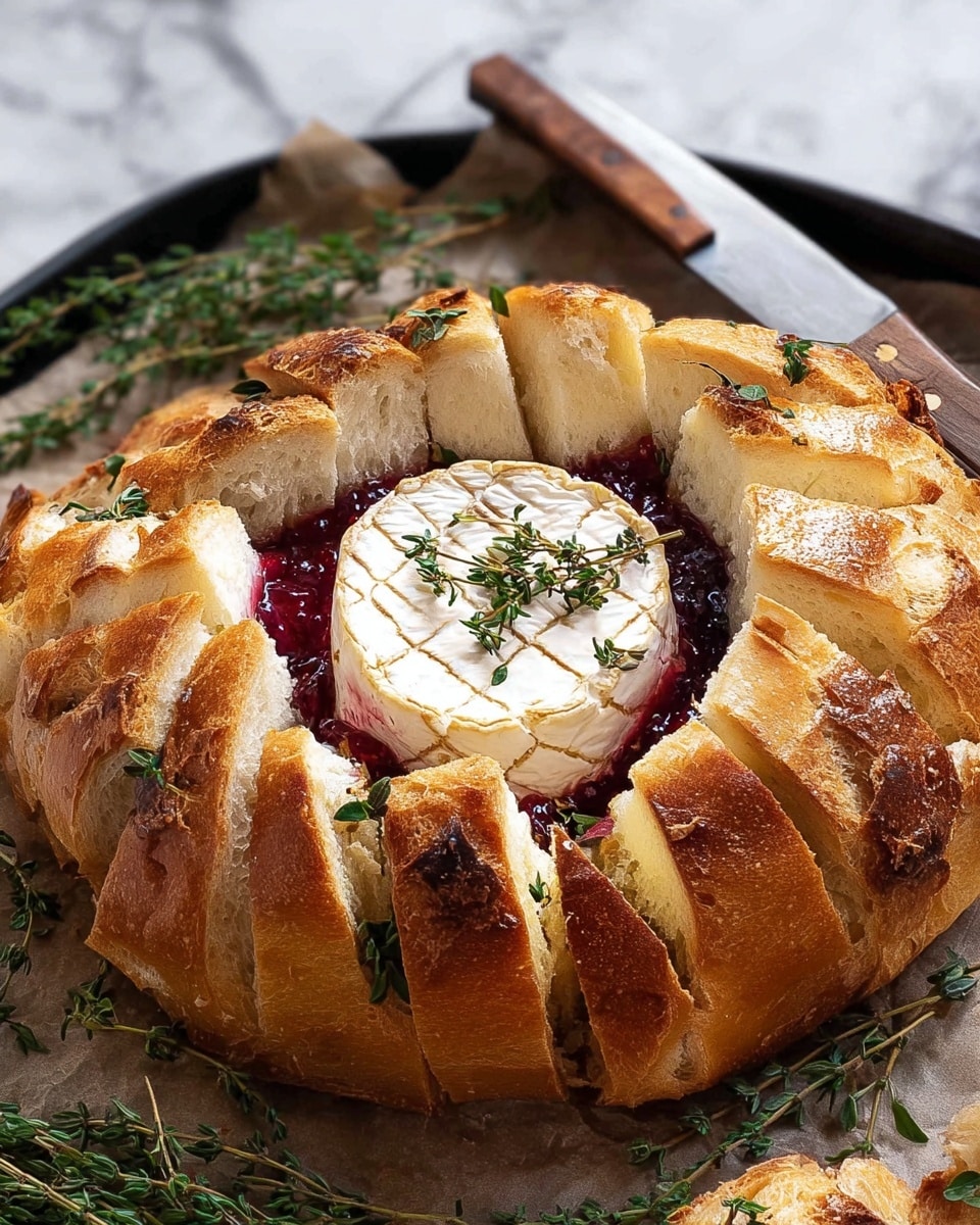 A round loaf of golden-brown bread with a thick crust is hollowed out in the center to hold a wheel of soft, white cheese topped with sprigs of fresh green herbs. The cheese is melting, oozing creamy white liquid inside the bread cavity. Underneath the cheese, there is a layer of deep red fruit jam that adds a rich contrast between the bread and cheese. The loaf rests on a white marbled surface, with fresh green herbs placed beside it and a wooden-handled knife partially visible nearby. The scene captures the warmth and texture of the bread, the smooth creaminess of the melted cheese, and the vibrant color of the jam. photo taken with an iphone --ar 4:5 --v 7
