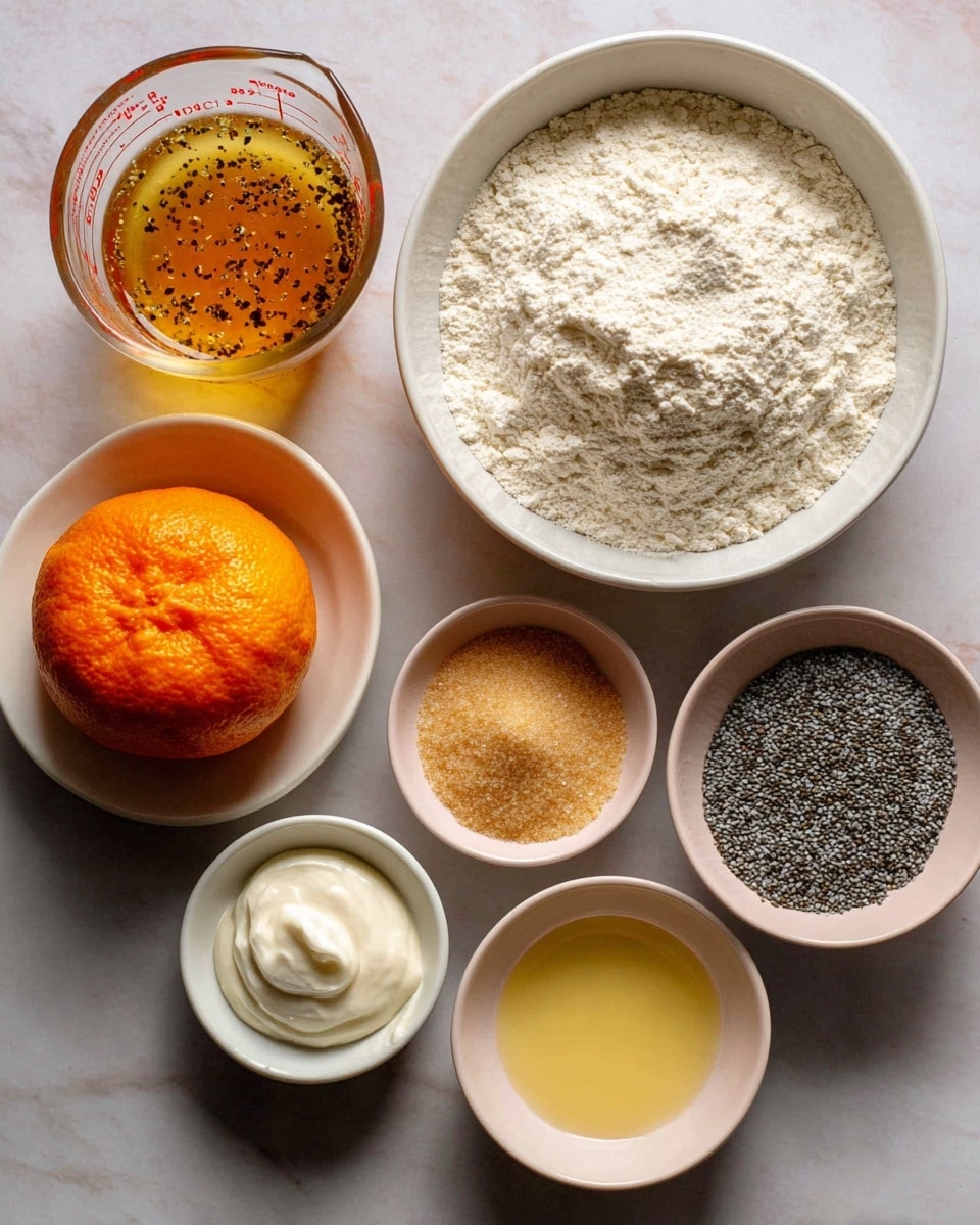 The image shows seven ingredients on a white marbled surface arranged in a loose circle. At the top right is a large white bowl filled with a fine white flour. Going clockwise, there is a clear glass measuring cup holding a golden liquid mixture with darker spots. Below that, a small white bowl contains a thick white creamy substance. Toward the bottom left, a bright orange sits whole with textured skin. Above the orange is a white bowl filled with a light brown translucent liquid. Next to that is a white bowl with a mound of fine light brown sugar. Above the sugar is a small light pink bowl holding a pale yellow liquid. In the center is a small white bowl filled with tiny dark gray poppy seeds. All items are neatly arranged and clearly visible. Photo taken with an iphone --ar 4:5 --v 7