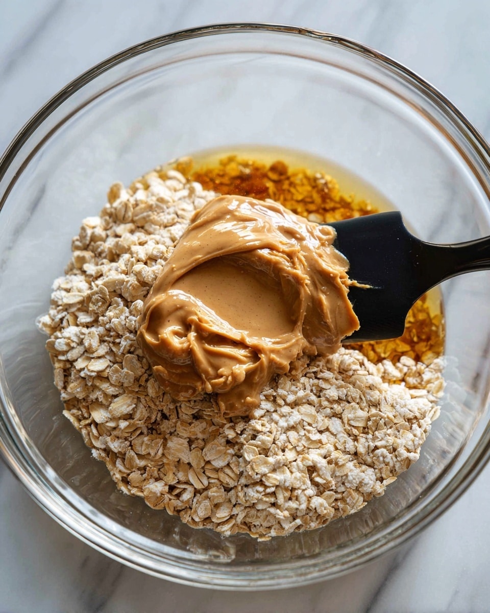 A clear glass bowl holds three main layers: the bottom layer is dry oats with a rough texture in light beige color, the middle layer is a thin layer of golden liquid honey around the oats, and the top layer is a thick dollop of creamy, smooth, light brown peanut butter placed off-center. A black spatula is resting on the edge of the bowl, partially touching the oats. The bowl is set on a white marbled surface. photo taken with an iphone --ar 4:5 --v 7