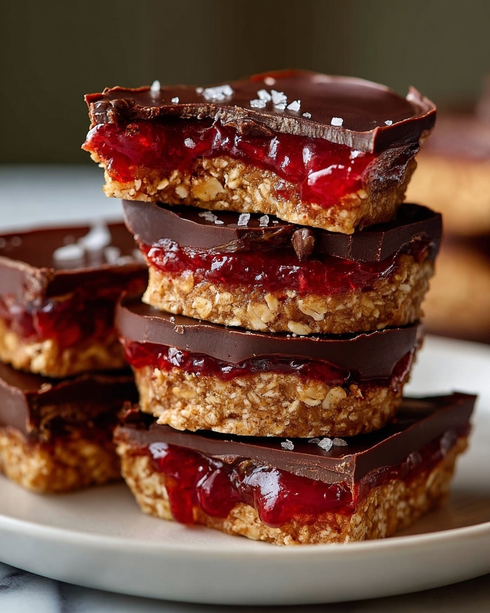 The image shows a close-up stack of four oat bars with three visible layers. The bottom layer is thick, made of golden oat clusters that look crunchy and textured. The middle layer is shiny and red, appearing like a jam that oozes slightly between the oat and chocolate layers. The top layer is smooth, dark brown chocolate, with a slight roughness on the edge, creating a firm finish. The bars are stacked unevenly against a plain soft grey background, focusing on the rich colors and different textures of each layer. Photo taken with an iphone --ar 4:5 --v 7