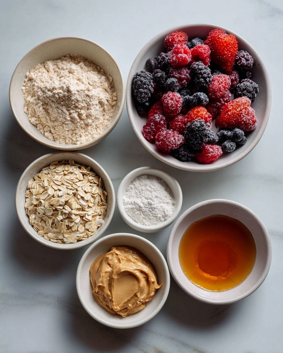The image shows six white bowls arranged on a white marbled surface. The top left bowl holds light brown flour with a fine texture. Next to it on the right is a bowl filled with a mix of frozen berries, including strawberries, blackberries, raspberries, and blueberries, all showing a frosty coating. Below the flour bowl, there is a bowl with flattened oat flakes, light beige and slightly uneven in shape. In the middle, below the flour and berry bowls, a small bowl contains fine white powder. To the right of that, a bowl holds smooth, light brown peanut butter, creamy in consistency. The last bowl on the bottom right contains amber-colored syrup or honey, with a thick liquid texture. The bowls are all white with subtle texture, placed on a white marbled surface. photo taken with an iphone --ar 4:5 --v 7