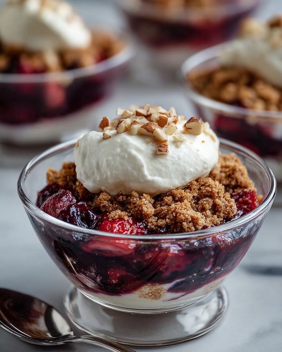 A clear glass bowl holds a dessert with two layers: the bottom layer is a mix of dark red and purplish fruit pieces with a juicy texture, and the top layer is a thick, crumbly golden brown oat topping with visible clusters and flakes, giving a rough texture. The bowl is placed on a white marbled surface, with another similar bowl blurred in the background. The photo taken with an iphone --ar 4:5 --v 7