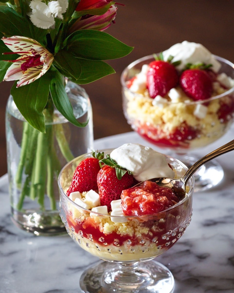 A clear glass cup with a short stem shows a dessert made of four visible layers: a bottom layer of red strawberry slices, a middle layer of broken white crispy pieces, then a thick layer of white whipped cream, and on the top, a whole fresh red strawberry with green leaves, sitting on the whipped cream. In the background, another similar glass cup is slightly blurred, also showing red strawberries, white cream, and broken crispy pieces inside. The setting includes a white marbled surface with some golden and blue cloth pieces nearby. Photo taken with an iphone --ar 4:5 --v 7