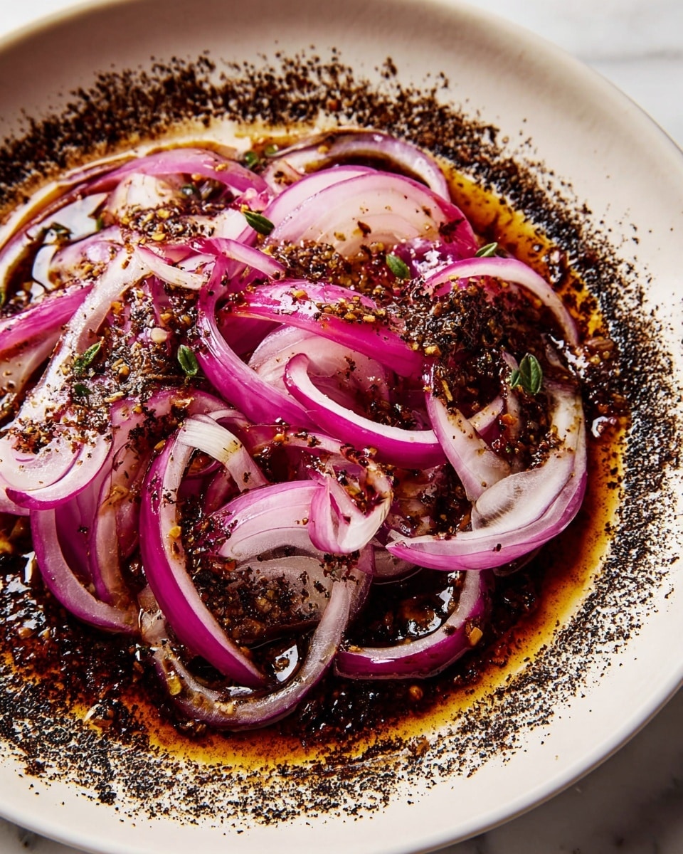 Thin, curly slices of red onion with vibrant purple and white colors fill the center of a shallow white plate. The onions sit in a dark brown oily sauce that spreads unevenly under and around them, with small bits of seasoning visible in the liquid. Around the edge of the plate, there is a ring of finely ground dark spice sprinkled on the white surface, creating a textured border. The plate rests on a white marbled surface, enhancing the colors of the dish. photo taken with an iphone --ar 4:5 --v 7