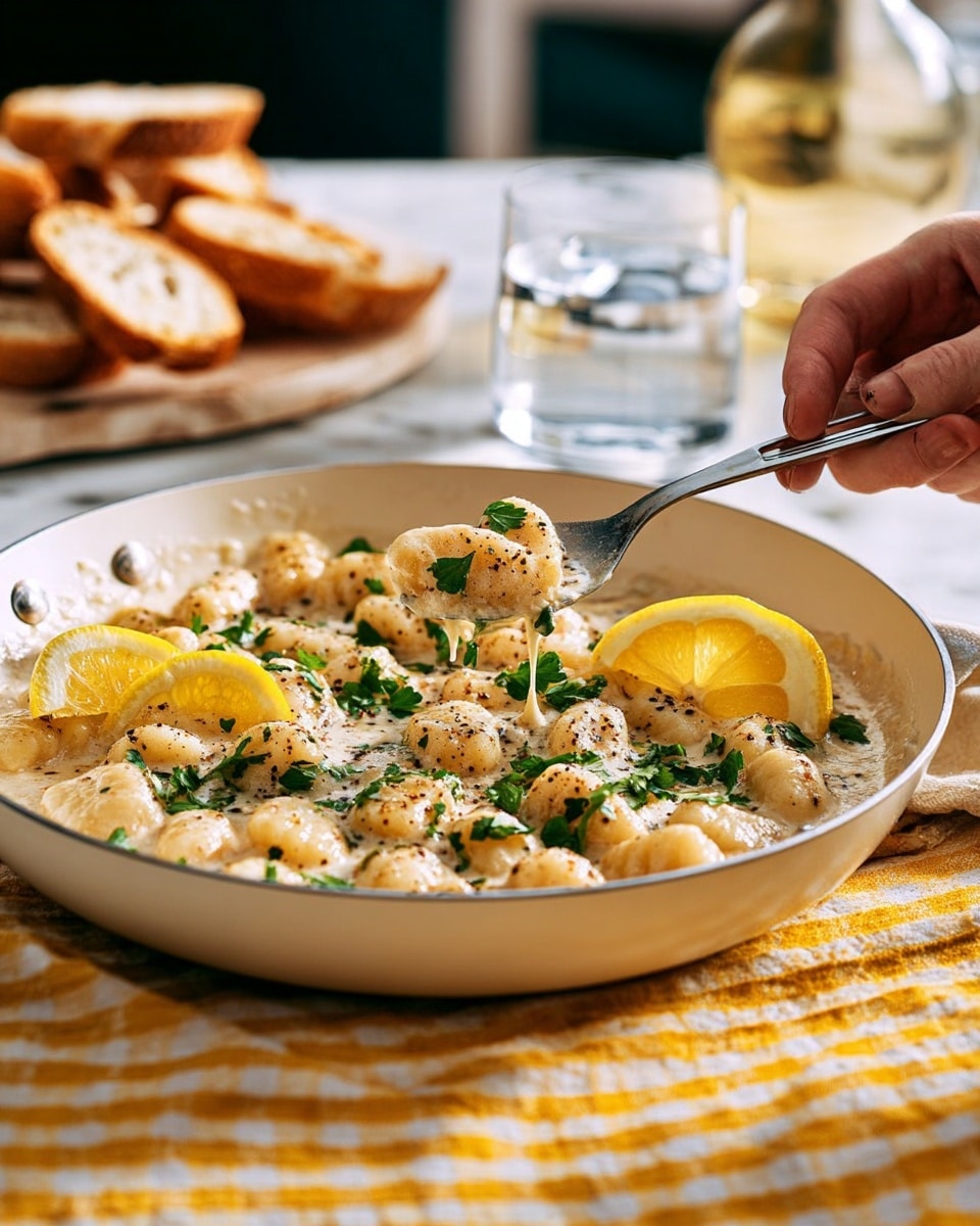 A white skillet filled with creamy white beans cooked in a thick beige sauce with specks of black pepper and chopped green herbs scattered throughout. Bright green spinach leaves are mixed into the dish, adding contrast to the creamy beige base. Two lemon wedges rest on the left side of the skillet, adding a pop of yellow. The skillet handle is partly covered by a chunky white knit cloth. The skillet sits on a yellow and white checkered cloth over a white marbled surface. Photo taken with an iphone --ar 4:5 --v 7