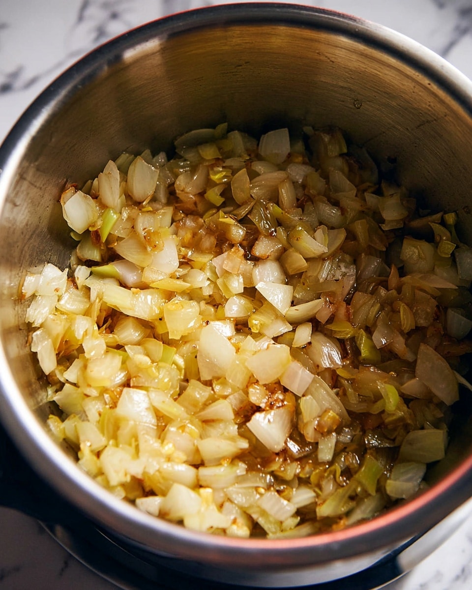 The image shows a close-up view inside a cooking pot with sautéed onions. The onions are chopped into medium pieces, some with light brown edges showing they are cooked and caramelized. The mixture is shiny with oil or butter, giving a glossy look to the yellowish and light brown onion pieces. The pot is made of metal, and the inside surface reflects the light, enhancing the colors of the onions. The scene is set against a white marbled texture in the background. photo taken with an iphone --ar 4:5 --v 7