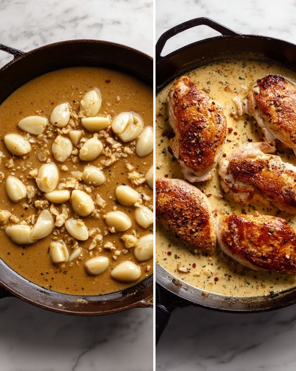 A white plate is arranged with three main parts: on the right is a mound of creamy mashed potatoes topped with scattered golden roasted garlic cloves and green herb sprinkles, with light beige gravy pooling around it; in the center sits a piece of roasted chicken with a golden-brown crust, covered partly in creamy sauce with green herbs visible; on the left are fresh, bright green beans lined up neatly, drizzled with the same creamy sauce and some black pepper specks. The plate is set against a white marbled texture. Photo taken with an iphone --ar 4:5 --v 7