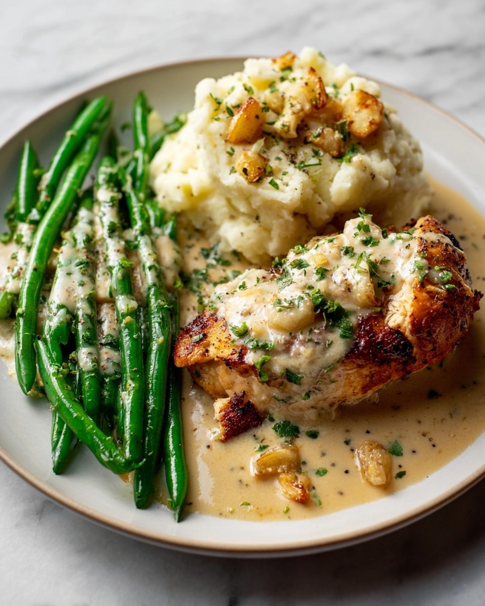 The image shows four golden brown chicken pieces in a black cast iron pan, each piece topped with light grill marks and scattered green herbs. The chicken is partly covered with a creamy light beige sauce pooling around them, with visible whole garlic cloves placed between the chicken pieces. The pan rests on a white marbled surface with a striped cloth in the bottom left area. The lighting is soft and natural, emphasizing the creamy texture of the sauce and the crispy texture of the chicken. Photo taken with an iphone --ar 4:5 --v 7