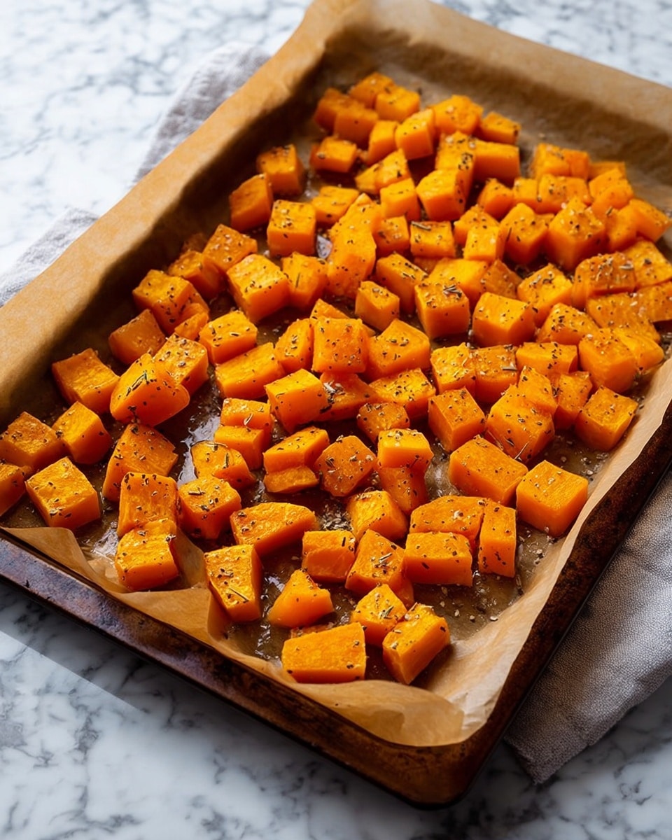 The image shows a baking tray covered with light brown parchment paper on a white marbled surface. On the tray, there are many small, evenly chopped cubes of bright orange roasted pumpkin spread out in a single layer, each piece with a slightly shiny texture and speckled with black pepper or seasoning. The colors are warm and rich, highlighting the roasted effect on the pumpkin. Photo taken with an iphone --ar 4:5 --v 7