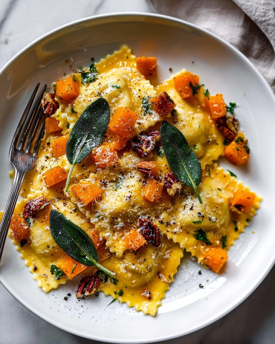 A white plate with about eight large square ravioli pieces covered in a light sauce, scattered with small bright orange pumpkin cubes, toasted brown pecan chunks, and a few dark green fresh sage leaves on top. The ravioli edges have a ruffled texture. The dish is sprinkled with white grated cheese and black pepper. To the side, there is a fork on the plate’s left edge. Above the plate, there are two small white bowls, one filled with whole pecans and the other with grated cheese. The setting is on a white marbled surface with a light beige cloth and a fork on the right side. photo taken with an iphone --ar 4:5 --v 7