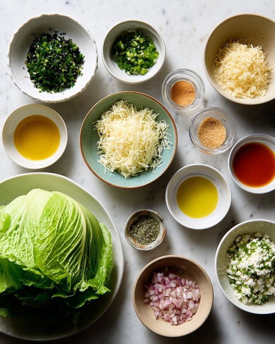 A collection of small white and light brown bowls arranged on a white marbled surface each containing different ingredients. Starting from the bottom left, there is a white plate holding a fresh whole green lettuce. Above it are bowls with shredded pale yellow cheese, chopped dark green herbs, chopped scallions, beige powder, and salt. To the right, small bowls contain finely chopped pink shallots, minced white garlic, light yellow powder, a reddish-orange liquid, and three bowls with different shades of yellow oils or dressings. The bowls are spread evenly across the frame, displaying a colorful and fresh assortment of cooking elements. photo taken with an iphone --ar 4:5 --v 7