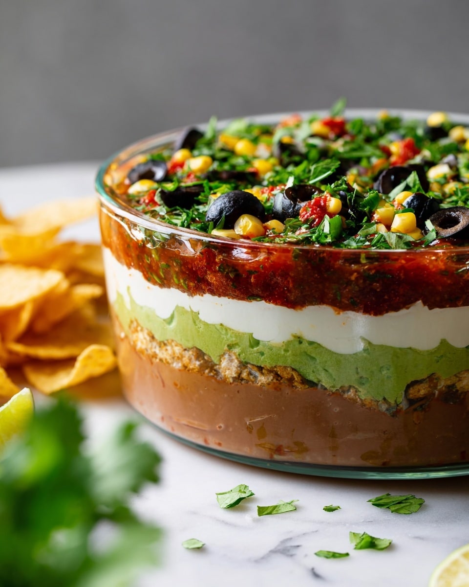A clear glass bowl shows five thick layers of food on a white marbled surface. The bottom layer is brown and smooth, the second layer above it is bright green and creamy. Above that is a thick, even layer of white with a smooth texture. The fourth layer is a red chunky sauce with some texture showing. The top fifth layer is made of black sliced olives, yellow corn, green herbs, and small red bits spread evenly. There are lime pieces and tortilla chips blurred in the foreground. Photo taken with an iphone --ar 4:5 --v 7