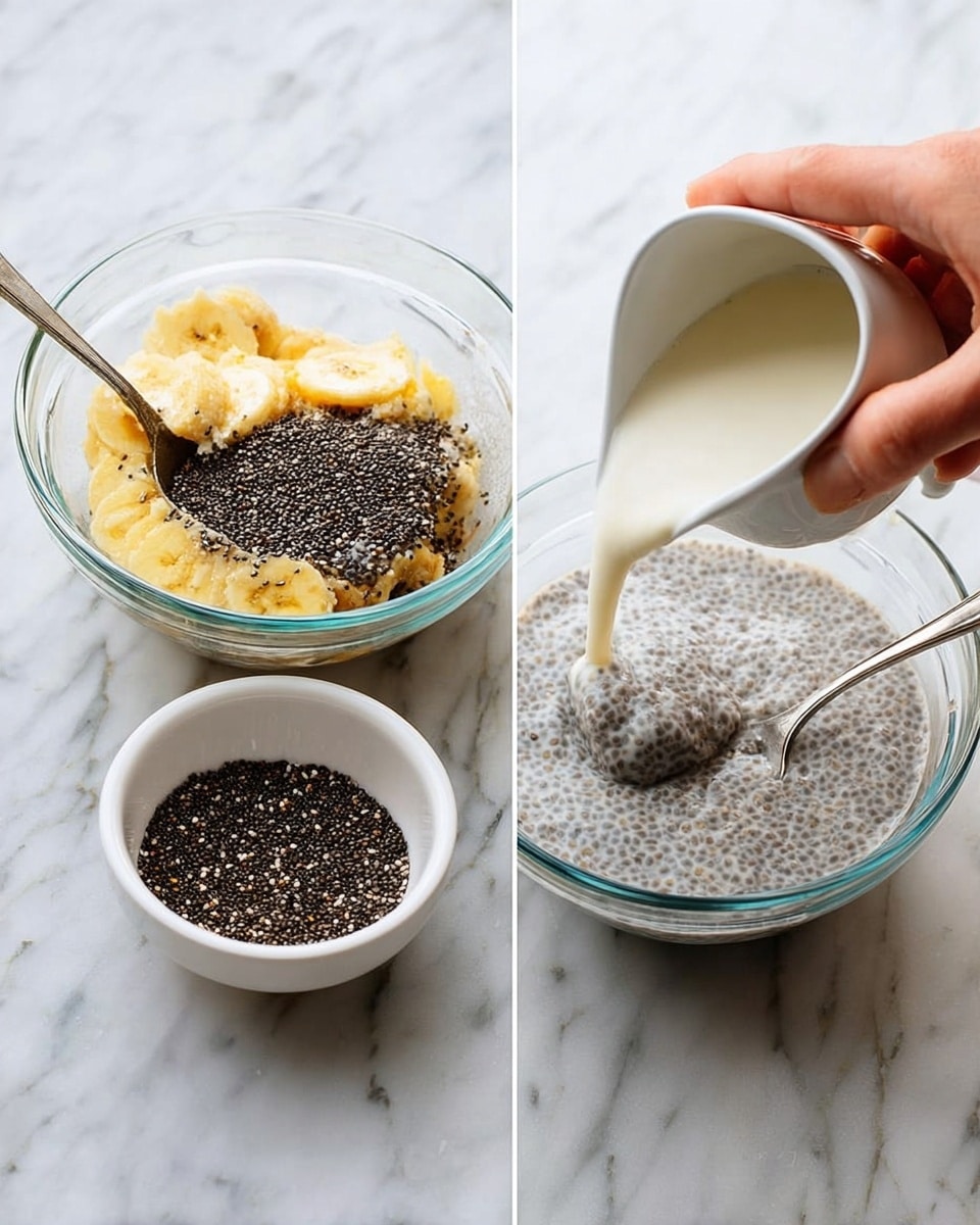 The image shows two steps of making a chia pudding mixture on a white marbled surface. On the left side, a clear glass bowl contains a layer of mashed banana at the bottom that is yellowish and slightly chunky, topped with a thick layer of black chia seeds. A white jug is pouring white liquid, likely milk, into the bowl. Next to the bowl is a smaller white bowl filled with black chia seeds and a white spoon. A white spoon with a metal tip rests inside the glass bowl. On the right side, the chia seeds and liquid are mixed together in the same glass bowl, making a thick pudding with a speckled light grayish texture. A woman's hand is holding the white spoon with a metal tip, lifting some of the pudding from the bowl. Photo taken with an iphone --ar 4:5 --v 7