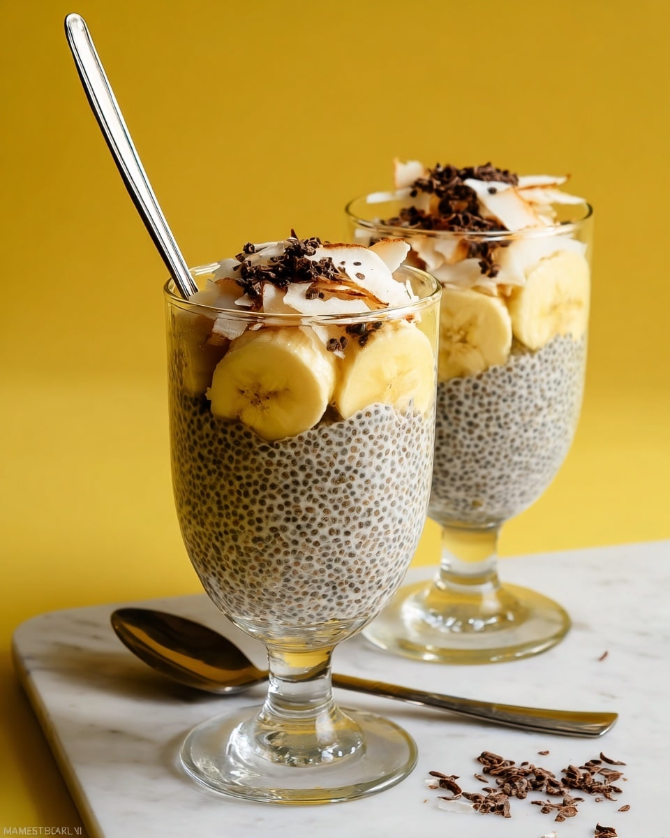 Two clear tall glass cups each hold a three-layer chia pudding with visible tiny black chia seeds throughout. The bottom layer is creamy with slices of banana pressed against the glass. The middle layer is also creamy with chia seeds, blending smoothly into the bottom. The top layer is a thin topping of large white coconut flakes with some small dark chocolate shavings scattered on them. Each glass contains a shiny metal spoon placed vertically. The background is a smooth yellow color, and the glasses stand on a white marbled surface. Photo taken with an iphone --ar 4:5 --v 7