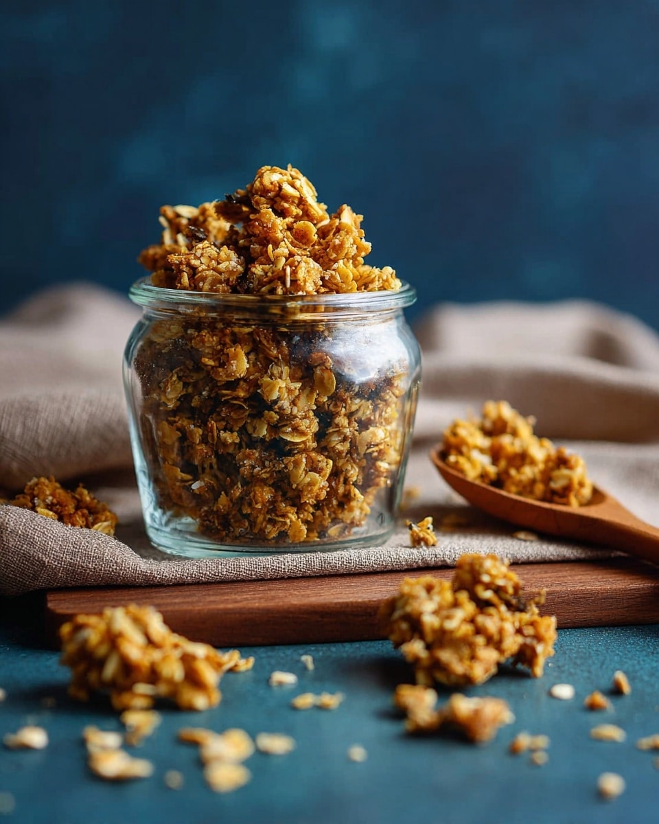 A small clear glass jar is filled to the top with chunky, golden brown granola clusters. The granola has a rough, crumbly texture with visible whole oats. Around the jar, on a natural beige cloth, there are scattered granola pieces with some placed on a small wooden spoon to the right. The background is a smooth dark blue, and the surface is a natural wood texture. photo taken with an iphone --ar 4:5 --v 7