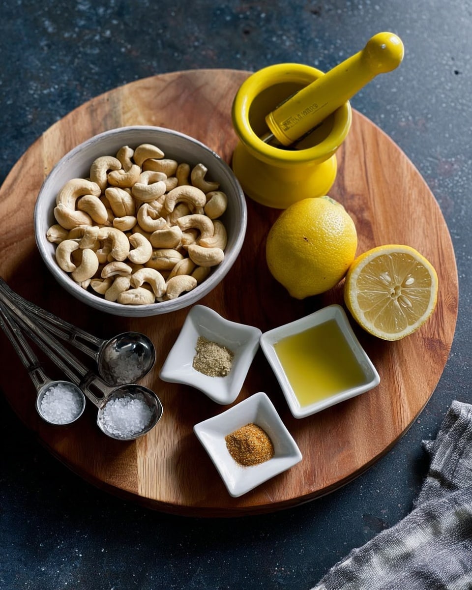 A round wooden board sits on a dark textured surface, holding several items: in the center, there is a white bowl filled with light beige cashew nuts; to the right, there are two halves of a lemon, one squeezed and one fresh, next to a bright yellow lemon squeezer; below the lemon are three small white square bowls containing different powders and a clear liquid; to the left of the bowl are four metal measuring spoons stacked together, with one spoon holding a small amount of salt. Photo taken with an iphone --ar 4:5 --v 7