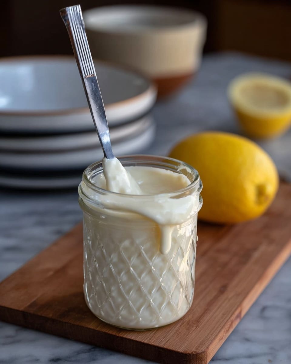 A clear textured glass jar with diamond patterns filled nearly to the top with a thick, creamy white sauce. The jar is placed on a dark surface, and in the blurred background there is a stack of white squares (likely tofu) and a yellow lemon on a wooden board, all against a dark brown backdrop. photo taken with an iphone --ar 4:5 --v 7