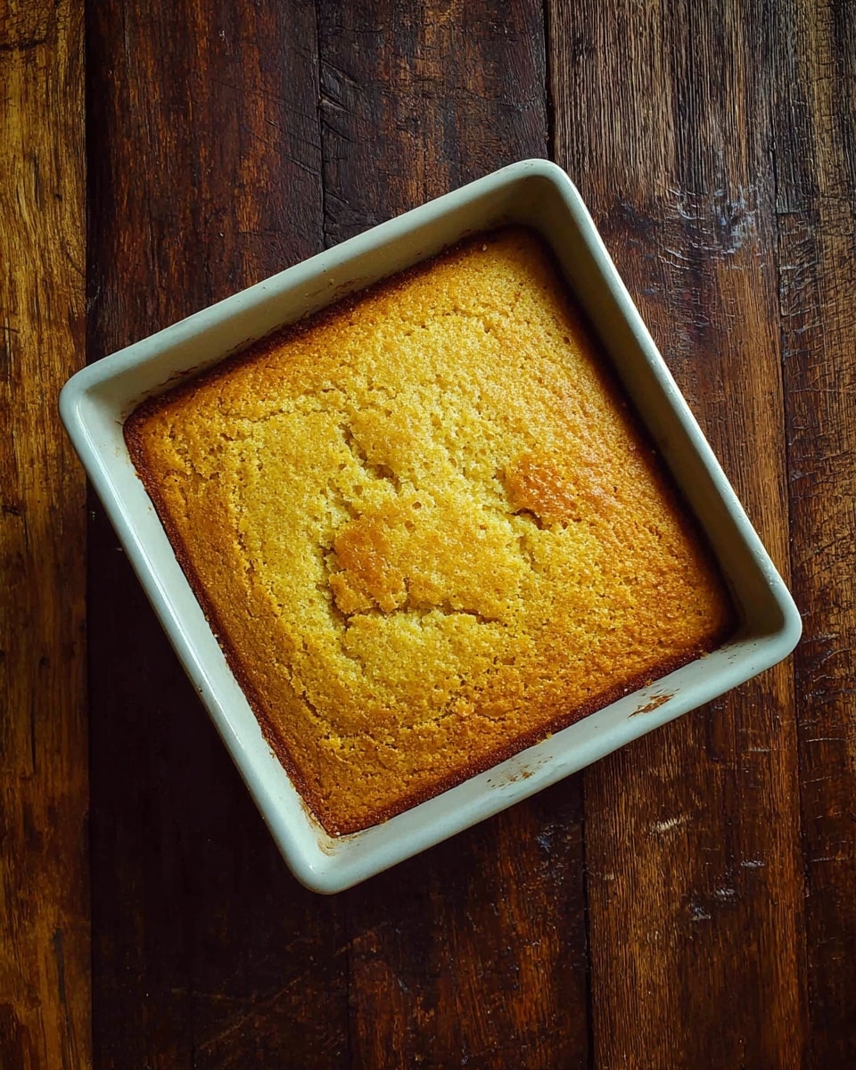 A square golden cornbread with a slightly cracked top, showing a rough but even texture, sitting inside a white square baking dish. The dish has browned edges from baking, and it is placed on a dark wooden surface with visible grain and wear marks. photo taken with an iphone --ar 4:5 --v 7