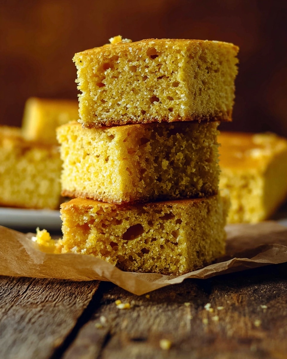 Three square pieces of cornbread are stacked on top of each other, showing a crumbly, moist texture with small holes throughout. The cornbread is golden yellow with a slightly rough surface. They rest on a piece of parchment paper over a rustic wooden surface. In the background, more cornbread pieces are slightly out of focus against a warm, brown blurred backdrop. Photo taken with an iphone --ar 4:5 --v 7