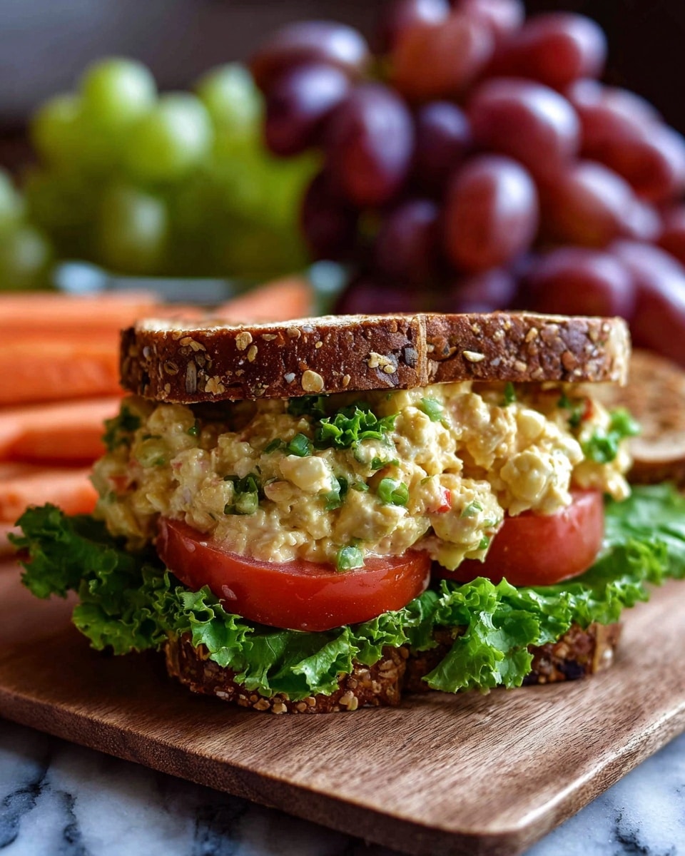 A sandwich is shown with three visible layers on toasted multigrain bread; the first layer is fresh, ruffled green lettuce, the second layer is a thick bright red tomato slice, and the top layer is a chunky, creamy mixture with a light yellow color mixed with small green and white bits, likely salad or egg salad. The sandwich is placed on a wooden board with a blurred background that includes clusters of red and green grapes, and orange carrot sticks on a white marbled surface photo taken with an iphone --ar 4:5 --v 7