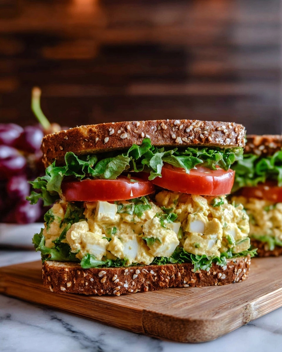 A sandwich with three main layers sits on a wooden board over a white marbled surface. The bottom layer is green leafy lettuce with a bright red thick tomato slice on top. The middle layer is a chunky, pale yellow salad with visible pieces of green herbs and small white bits. The sandwich is enclosed by two slices of brown multigrain bread, sprinkled with sesame and oats seeds. In the background, the image shows a blurred rustic wooden wall and out-of-focus grapes. photo taken with an iphone --ar 4:5 --v 7