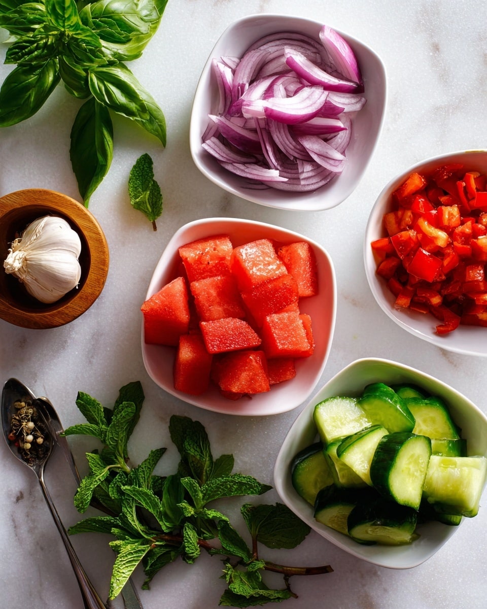 The image shows five small white square bowls arranged on a white marbled surface. The top right bowl contains purple-red sliced onion pieces with a smooth, shiny texture. The center bowl holds bright red watermelon cubes that look juicy and soft. To the right, another bowl has green cucumber slices with a crisp, fresh appearance. The bottom bowl is filled with small diced red bell pepper pieces, showing a bright, slightly glossy texture. Near the bowls, there is a small wooden bowl with a whole garlic clove on the top middle, fresh green basil and mint leaves scattered around, and a silver spoon leaning on the bottom left side. photo taken with an iphone --ar 4:5 --v 7