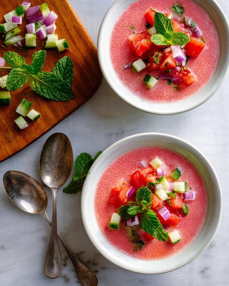 Two white bowls of frothy pink soup are placed on a white marbled surface. Each bowl has diced layers of red tomato, green cucumber, and small bits of purple onion floating on top, with a small green mint leaf placed in the center. To the left, a wooden board with some scattered chopped vegetables and mint leaves lies on the surface. Two silver spoons are also on the table near the bowls. The scene is bright and fresh-looking. photo taken with an iphone --ar 4:5 --v 7