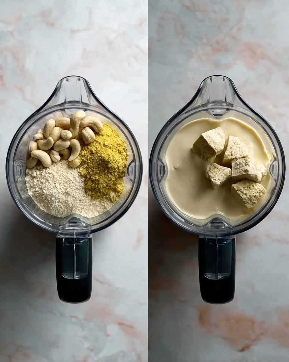 The image shows two clear blender jars from above, placed side by side on a white marbled surface. The left jar contains raw cashews, a pile of yellow powder, and some beige granules arranged in separate small piles inside the blender. The right jar shows a creamy, smooth beige liquid filling about half of the container. Both blenders have a black handle pointing downwards, with visible blade bases at the bottom. The scene is simple and clean with soft lighting and no extra items around. Photo taken with an iphone --ar 4:5 --v 7