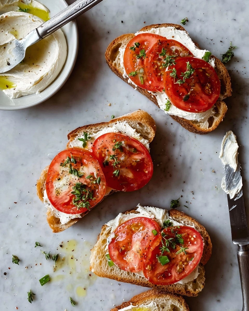 The image shows three slices of toasted bread with a light golden crust, each topped with a creamy white spread as the first layer, followed by thin, bright red tomato slices on top. Small green herb pieces are sprinkled over the tomato slices, adding a touch of color contrast. The slices are laid out on a white marbled surface with some scattered herbs and drops of olive oil around. A white dish with more creamy spread is placed at the top left, and a butter knife with some spread on it lies diagonally at the right side of the image. photo taken with an iphone --ar 4:5 --v 7