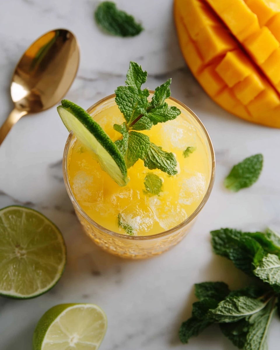 A clear glass filled with a yellow-orange icy drink, seen from above, shows ice cubes floating inside. On the drink's surface, there is a bright green mint leaf and a fresh slice of lime leaning against the glass rim. The glass sits on a white marbled surface surrounded by a gold spoon on the left, a sliced lime on the right, a wedge of lime below the glass, and a partial mango with an orange-yellow flesh at the top right. Scattered mint leaves add green accents around the scene photo taken with an iphone --ar 4:5 --v 7