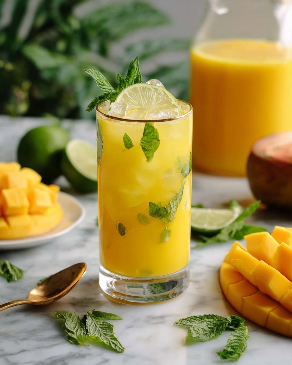 A tall clear glass filled with bright yellow mango juice layered with light yellow ice cubes and green mint leaves inside, topped with a fresh green lime slice and a few mint sprigs on the rim. The glass sits on a white marbled surface surrounded by a gold spoon, scattered fresh green mint leaves, two mango halves scored into cubes, a whole mango, and a cut lime half. In the background, there is a glass pitcher filled with the same bright yellow mango juice. Photo taken with an iphone --ar 4:5 --v 7