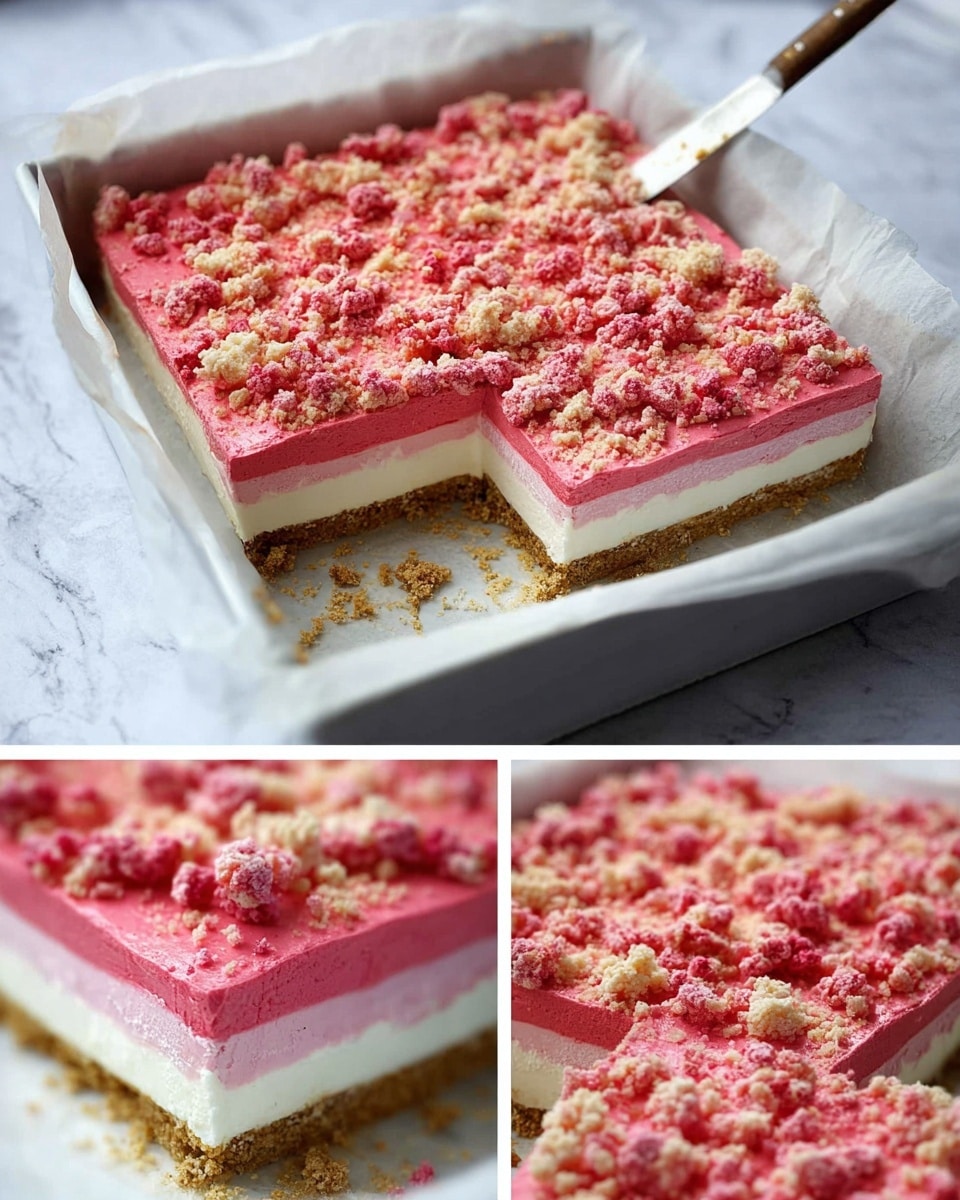 A close-up of a pink ice cream bar on a wooden stick, covered with a crumbly, textured coating made of small white and light pink bits. A woman's hand with pale pink painted nails holds the ice cream bar against a dark, blurry background. The ice cream bar has one bite taken from the top left corner, showing its inside texture. Photo taken with an iphone --ar 4:5 --v 7
