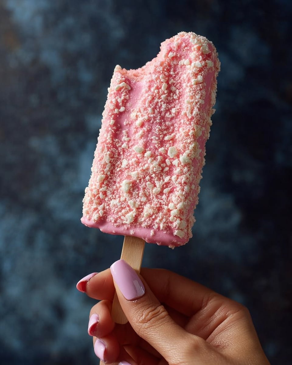 The image shows several square layered desserts placed on a white marbled surface. Each dessert has three distinct layers: a bottom light tan cookie-like crust, a thick middle pink creamy layer, and a thin top white layer that looks like whipped cream or frosting. The top is covered evenly with bright red crumbly bits and small yellowish nut pieces, adding a rough texture. The squares are arranged close to each other with a few fresh strawberries scattered around. The focus is on the dessert in the middle, showing detailed texture in both the creamy and crumbly parts, and soft natural light highlights the colors. Photo taken with an iphone --ar 4:5 --v 7