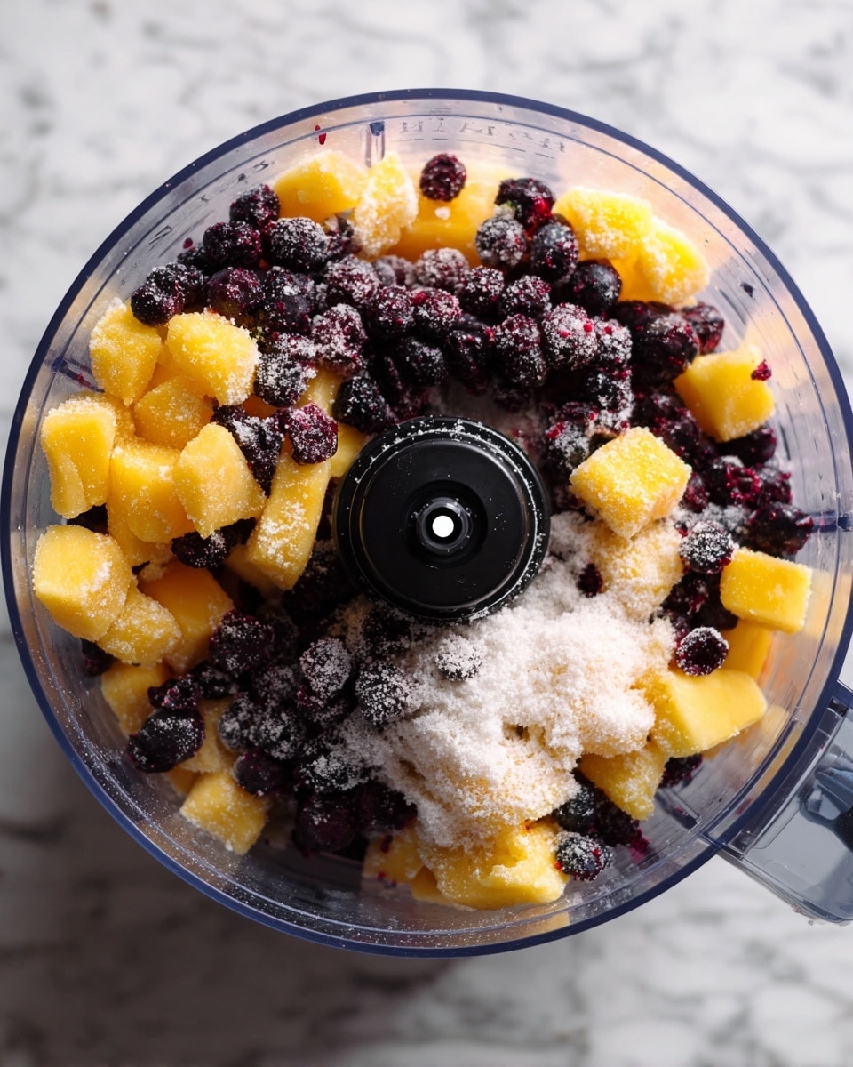 The image shows a clear round food processor bowl filled with layers of frozen fruits and white granulated sugar on top. The bottom layer has small dark purple berries evenly spread out. Above them are bright yellow chunks of frozen fruit, mixed with some more of the dark purple berries scattered around. The whole top layer is dusted with white granulated sugar, giving a grainy texture over the fruits. The food processor center black blade is visible in the middle. The background is a white marbled surface. photo taken with an iphone --ar 4:5 --v 7