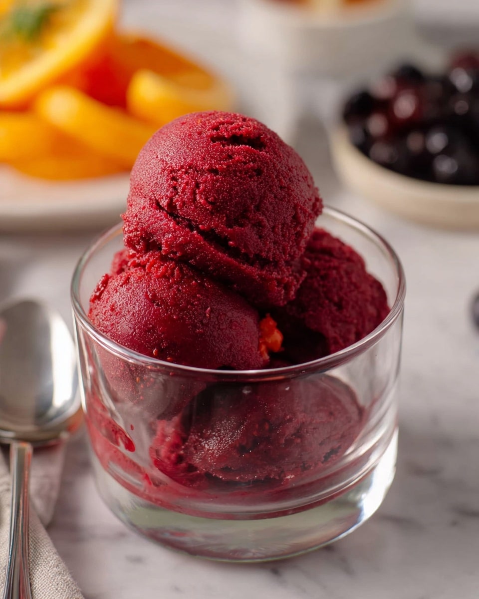 The image shows a clear glass cup filled with three rounded scoops of dark red sorbet, which has a smooth yet slightly textured surface showing small bits and seeds. The scoops are stacked inside the glass, with two at the bottom and one on top. The glass sits on a white marbled surface, with a silver spoon partially visible to the left and some orange fruit pieces and a bowl of dark berries blurred in the background. Photo taken with an iphone --ar 4:5 --v 7