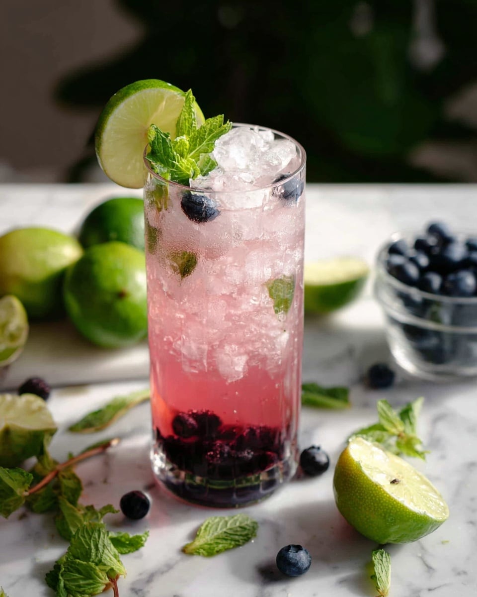A tall clear glass filled with a pink drink with many ice cubes inside. At the bottom, there is a layer of crushed blueberries giving a dark purple color. On the top, whole blueberries float near the ice. A round green lime slice leans on the rim beside fresh green mint leaves. Next to the glass, on a white marbled surface, there are whole and cut limes, green mint leaves, scattered blueberries, and a small jar filled with blueberries in the background. The lighting is soft and natural, making the colors fresh and bright. Photo taken with an iphone --ar 4:5 --v 7