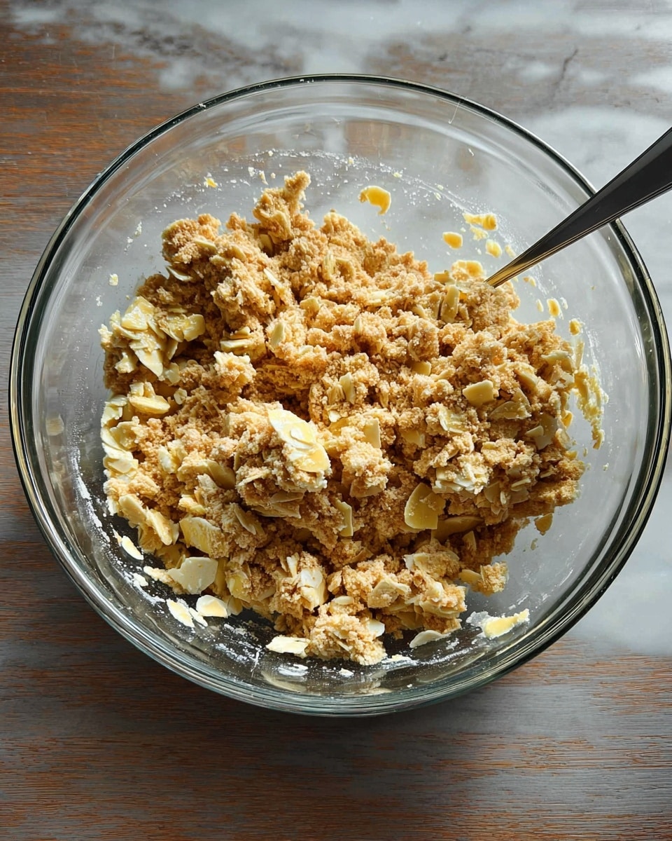 A clear glass bowl holds a mixed, chunky substance with a crumbly texture made of small beige and light yellow pieces, some looking like oats and others like small chips or flakes, unevenly spread inside and sticking slightly to the sides of the bowl. The bowl rests on a white marbled surface, and a silver spoon is partially visible on the right side inside the bowl. The mixture looks rough and thick, forming small clumps throughout the bowl. photo taken with an iphone --ar 4:5 --v 7