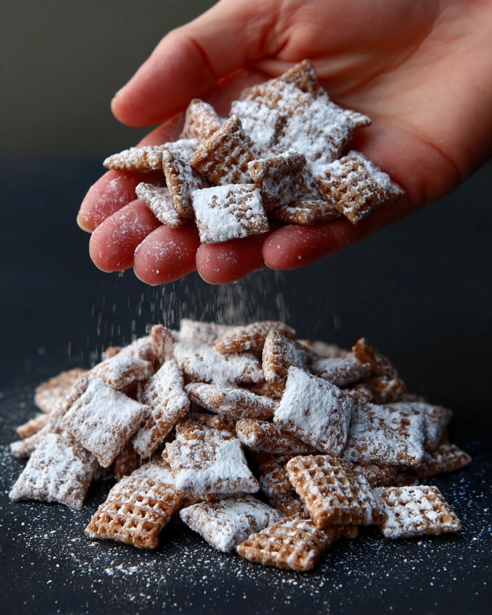 A baking tray filled with a mixture of small square-shaped cereal pieces coated in white powdered sugar, scattered evenly across the surface. Among the cereal pieces are tiny red and green round sprinkles, adding a festive touch. Layered on top are numerous small, white marshmallows, mostly concentrated in the middle and spread towards the edges. The tray has red handles and sits on a white marbled surface. A red spatula is placed near the top edge of the tray. photo taken with an iphone --ar 4:5 --v 7
