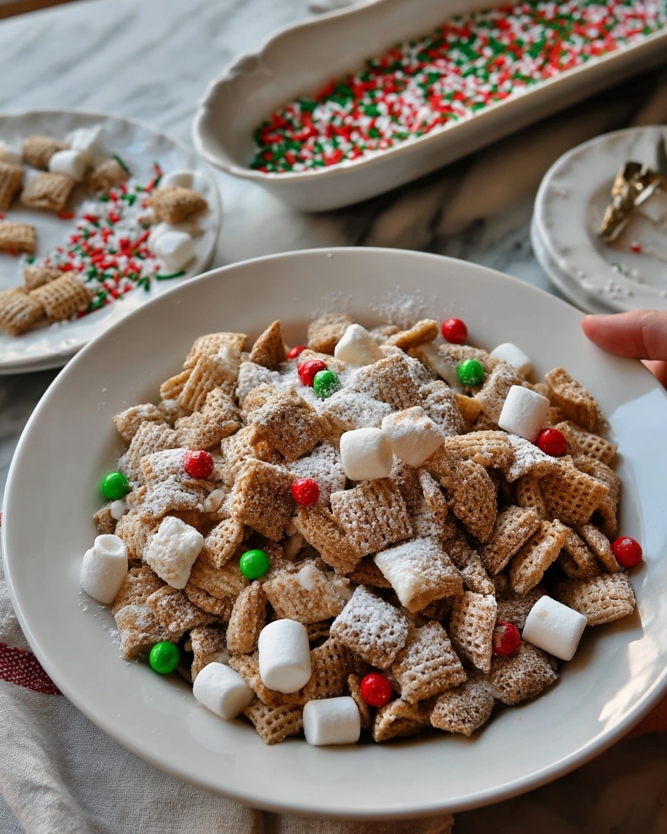 A white plate filled with a mix of light brown cereal pieces dusted with white powder, scattered small white marshmallows, and round red, green, and white confetti-like sprinkles both inside the plate and spilling onto the edge; in the background, a white oval dish holds more of the same colorful sprinkles, sitting on a white marbled surface with a white cloth nearby, and a woman's hand holding the edge of the plate is visible on the right side of the image. photo taken with an iphone --ar 4:5 --v 7