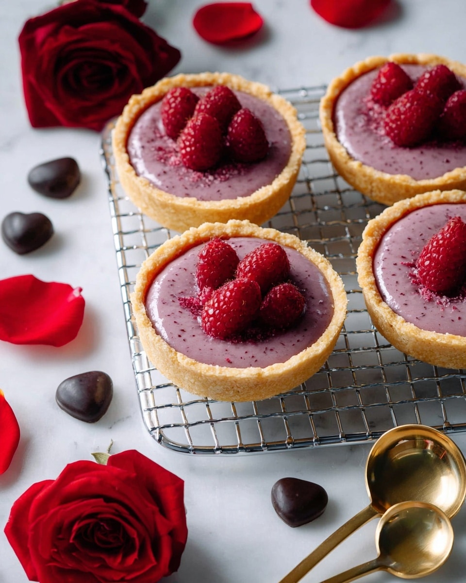 The image shows a small tart with three visible layers: a light brown, crumbly crust base that holds a smooth, shiny pink filling topped with a single red raspberry. The tart sits in the center of a white ceramic plate with a slightly uneven edge, placed on a white marbled surface. Around the tart, there are scattered red rose petals, and in the blurred background, a red rose in a glass vase is seen on the left with two tall glasses filled with a clear, light drink on the right. photo taken with an iphone --ar 4:5 --v 7