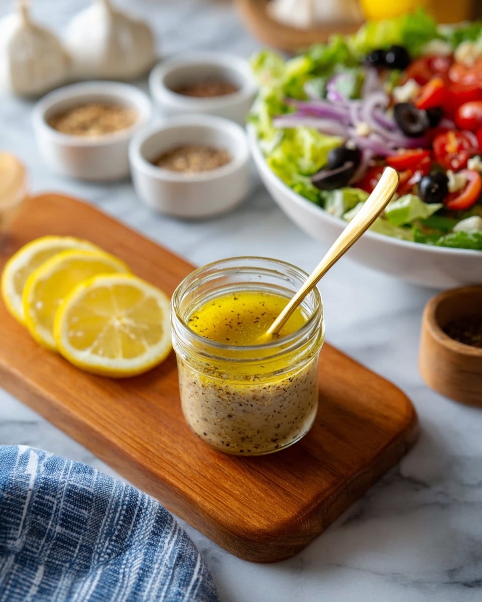 A small clear glass jar sits on a wooden board with a two-layer sauce inside; the bottom layer is light beige with visible black specks, and the top layer is a thin bright yellow oil. A gold spoon is placed inside the jar. To the left of the jar, there are four yellow lemon slices arranged in a fan shape on the wooden board. In the background, slightly blurred, there is a white marbled surface with garlic bulbs, two small white bowls of spices, and a white bowl filled with colorful salad including green lettuce, red cherry tomatoes, purple onion rings, black olives, and red bell peppers. A woman's hand is visible at the edge holding the salad bowl. A blue and white striped cloth is partially visible at the bottom left corner. Photo taken with an iphone --ar 4:5 --v 7