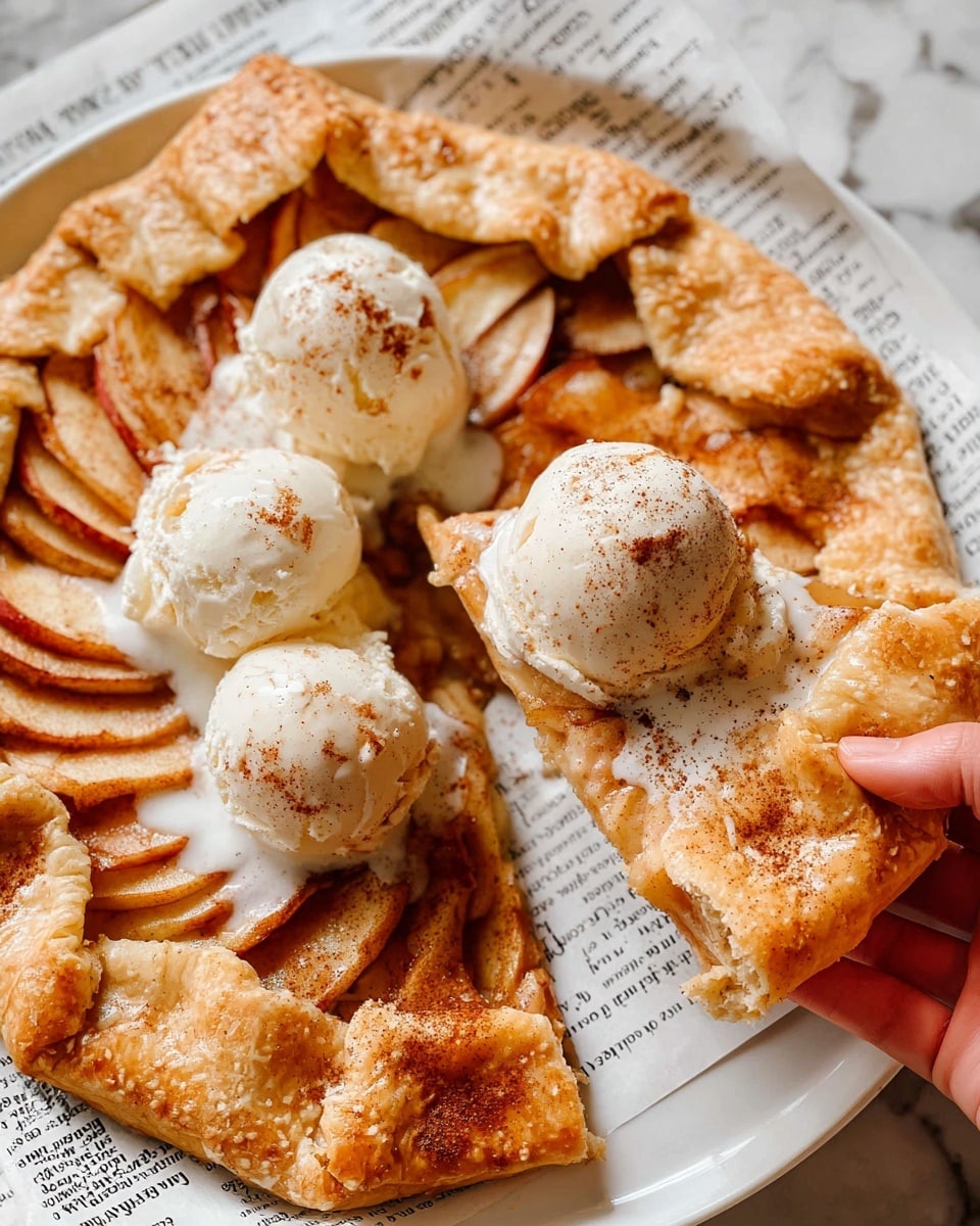 A round apple galette with a golden, folded crust sits on a sheet of newspaper. Inside, thin slices of cinnamon-spiced apples are layered in a circular pattern with warm orange-brown tones. On top, there are three scoops of white ice cream placed in the center. Around the galette, there are red apples, a metal sifter, a cream-colored cloth, a vintage metal spoon, and a small bowl with brown sugar on a white marbled surface. In the lower left corner, a white plate with two forks rests partially visible. photo taken with an iphone --ar 4:5 --v 7
