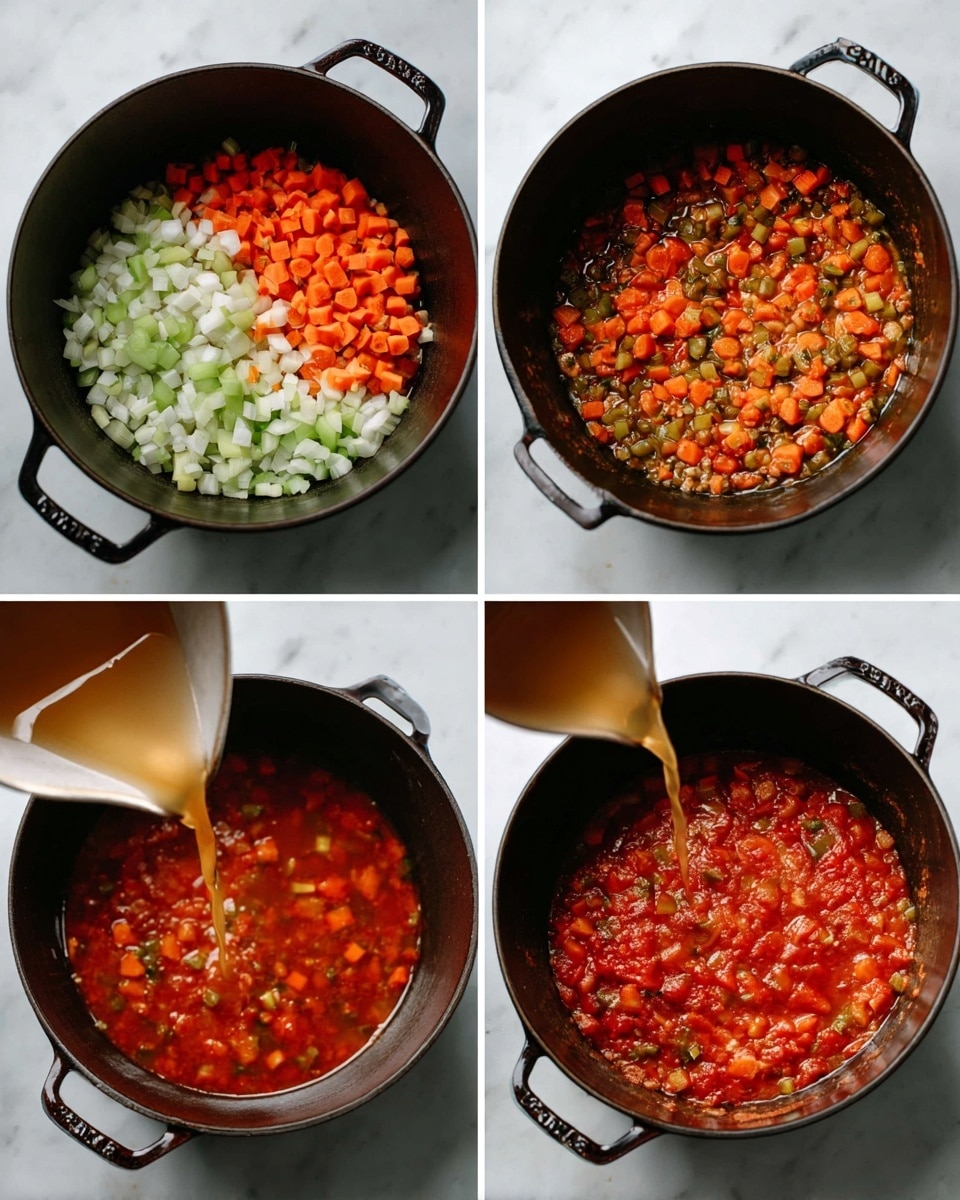 Two white plates hold servings of pasta topped with a thick red tomato sauce mixed with small lentils and diced vegetables, sprinkled with shredded white cheese. Each plate is garnished with a fresh green basil leaf on top. The pasta underneath is a light cream color, and the sauce has a chunky texture. One plate is placed near the top right and the other near the bottom center of the image. There is a silver fork next to the bottom plate. Around the plates, there are loose basil leaves, garlic cloves, a wooden board with grated cheese and a block of cheese on it, a glass bottle with yellow oil, and a dark glass of red wine on a white marbled surface. A light cream textured cloth lies on the bottom right corner. Photo taken with an iphone --ar 4:5 --v 7